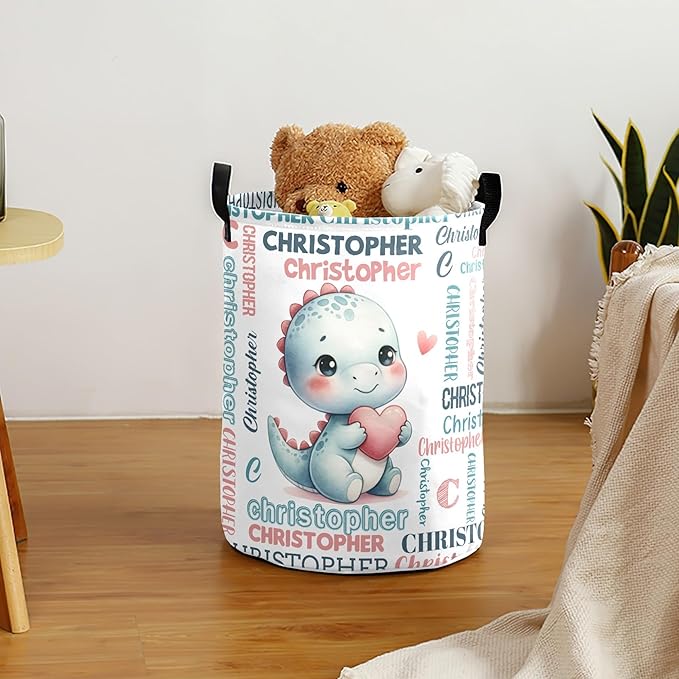 Large Custom Name Laundry Hamper, Dinosaur Personalized Dirty Clothes Hamper Storage Basket with Name for Bathroom Bedrooms, Customized Name Circular Hamper with Handles for Baby Boys Girls Men Women