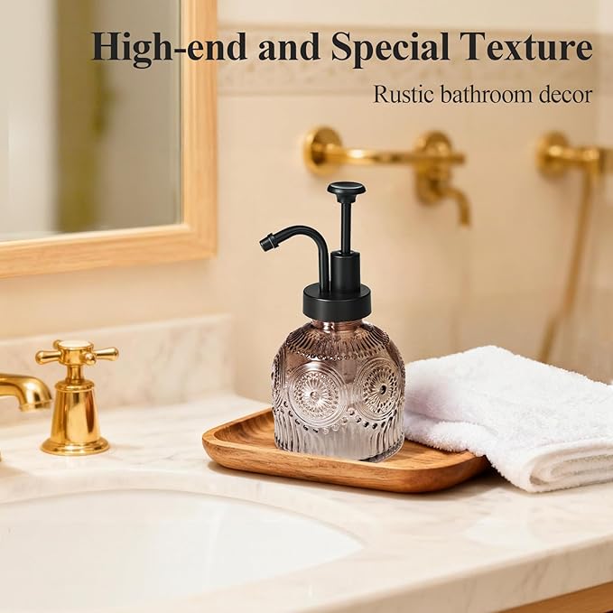 SheeChung Vintage Soap Dispenser, Kitchen Dish Soap Dispensers with Pump Mat, Glass Hand Soap Dispenser for Bathroom, Liquid, Lotion, Refillable, Rustic Farmhouse Decor-Brown (Black Pump, 1 pk)