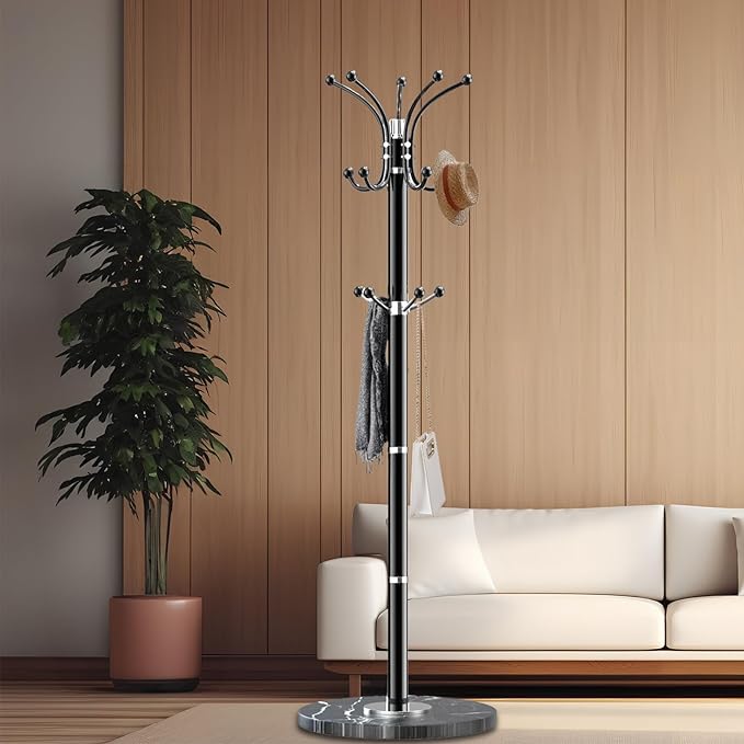 Metal Coat Rack Stand with Natural Marble Base, Modern Coat Rack Freestanding, 360°Rotary Coat Racks with 14 Hooks, Heavy Duty Coat Hall Tree Hanger Stand for Entryway, Office