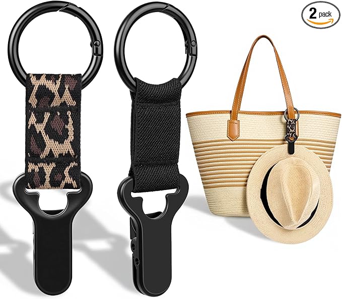 Niveaya Hat Clip for Travel on Bag - 2 Pack, Vacation Beach Cruise Essentials Accessory for Travel Handbag Backpack Luggage, Securely Hold to Keep Hat Shaped, Black+Leopard