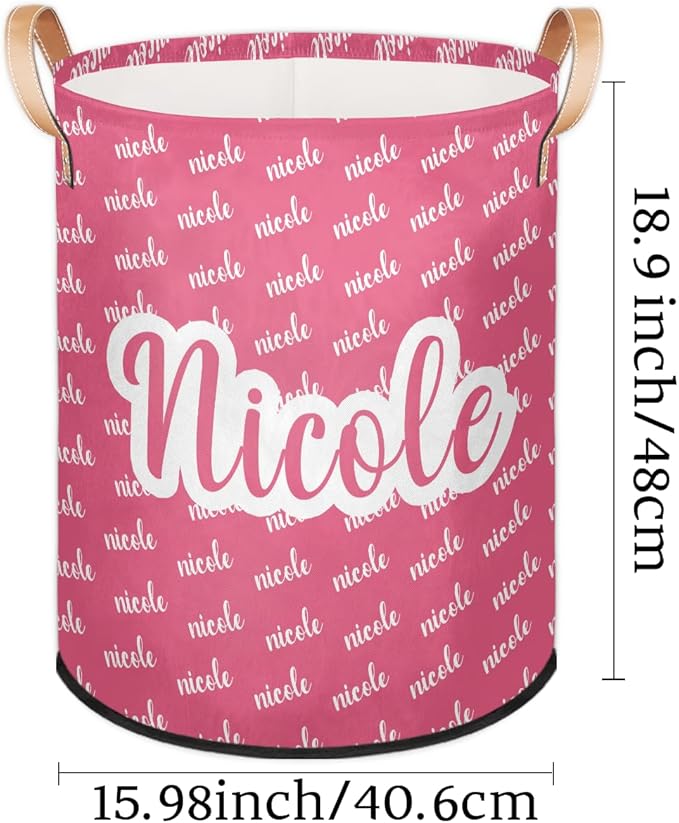 Custom Name Pink Laundry-Hamper, Personalized Kids-Clothes-Hamper Foldable with Name, Customized Storage Basket with Handles Waterproof Gift for Boys Girls Baby Women