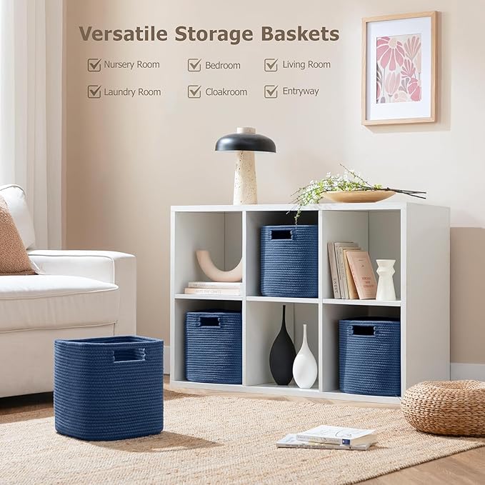 UBBCARE Set of 4 Cotton Rope Basket 12 X 12 X 12 Inches, Woven Storage Baskets for Shelves, Organizing with Handles, Cube Storage Bins for Storage Books, Magazines, Navy Blue