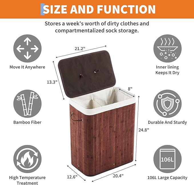 GarveeHome Folding Bamboo Laundry Hamper with Lid, 28 Gal /106L Wooden Laundry Basket with Washable Liner Bag, Slim Clothes Storage Hamper for Small Bedrooms Apartments Dorms, Brown