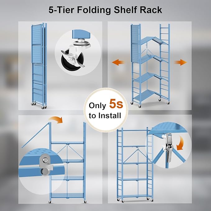 Himix Storage Shelves with 20 Hooks, 5-Tier Foldable Shelf for Storage, Folding Shelf Unit Pantry Shelves with Wheels, Standing Shelving Unit for Kitchen Garage Home Office Room Greenhouse, Blue