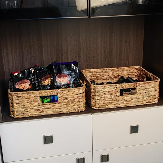 Rectangular Water Hyacinth Storage Baskets, Wicker Storage Baskets for Shelves, Square Shallow Basket, Woven Drawer Basket With Handle, 15.2” L x 12” W x 4.7” H