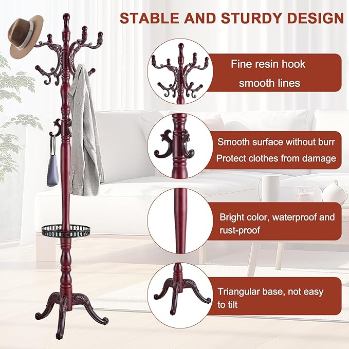 Wooden Coat rack freestanding, Coat racks stand with storage basket, Heavy duty coat tree standing with 11 Hook for Bedroom, Entryway, Hallway, Office,Stury Base (Triangle Redwood)