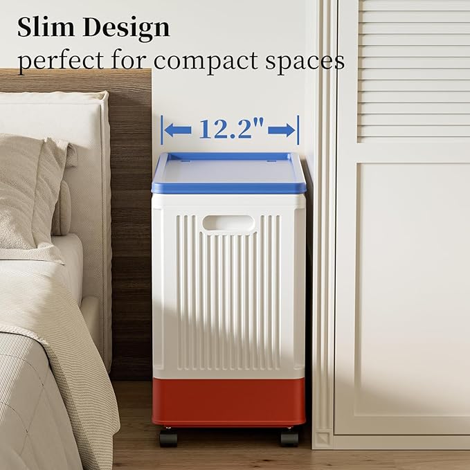 HAIXIN HOME 60L Cute Laundry Hamper, Slim Rolling Laundry Hamper with Lid, Dirty Clothes Hamper Cart with Handle for Bedroom, Bathroom, Closet, Dorm, Blue Lid, White Body and Red Base - Tricolor
