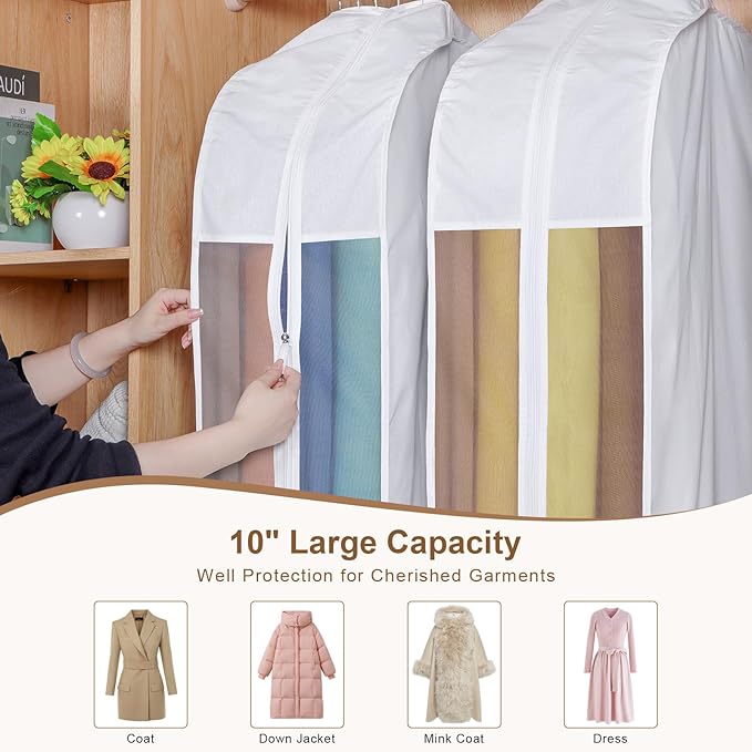 Kntiwiwo 50" Premium Cotton Garment Bag for Hanging Clothes, Breathable Suit Bags for Closet Storage with Extre Large 10" Gusseted & Clear Window, Dust Cover with Zipper for Suits, Coats, 3 Pack