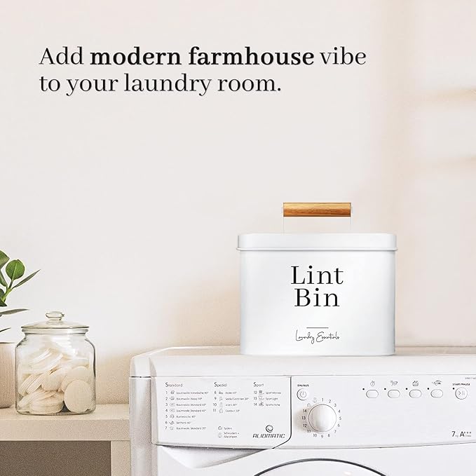 Simplation Modern Farmhouse Lint Bin for Laundry Room Decor and Accessories, Metal Lint Bin for Laundry Decor, Lint Holder Bin for Laundry Room Organization (White)