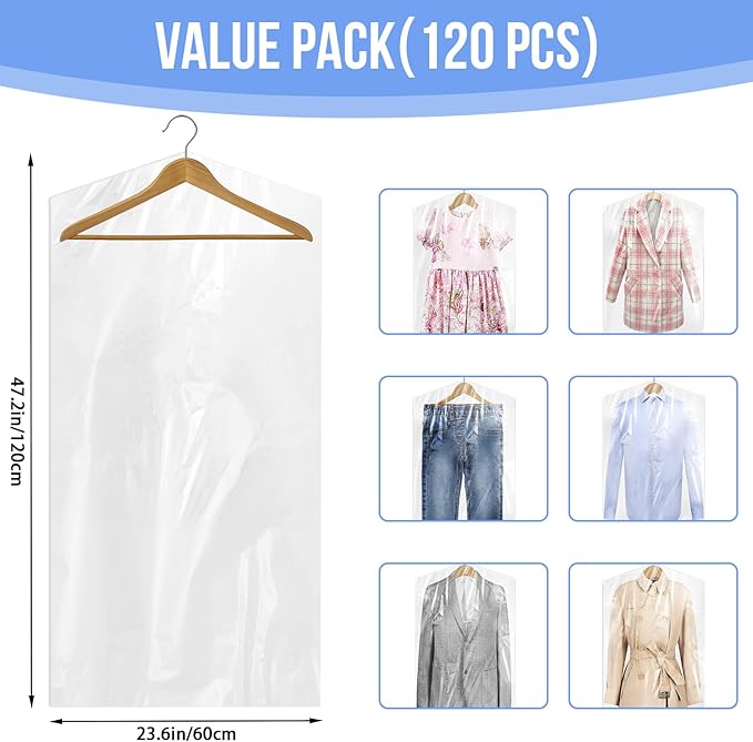 120 Pack Dry Cleaner Bags, 47 Inch Plastic Clear Dry Cleaning Bags, Garment Bags for Clothes Cover Hanging Clothes for Suits Coat Shirt Pants Home Storage