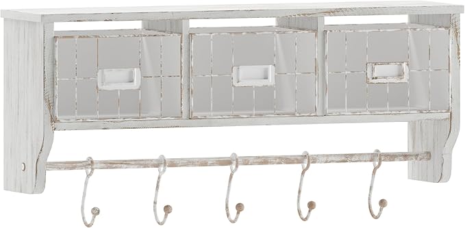 Flash Furniture Daly Wall Mounted Storage Rack - Whitewashed Solid Pine Wood - 24 Inch - Upper Shelf - 5 Hooks - Wire Baskets - For Entryway, Kitchen, Bathroom