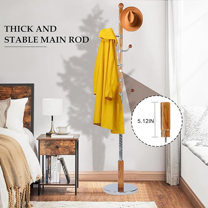 Wood Coat Rack Freestanding, Natural Coats Tree Stand with 14 Hooks, 73" Sturdy and Easy Assembly Coat Rack Stand for Entryway, Hallway, Bedroom, Bags, Hats (Metal Disc Base, Walnut Swivel Hook)
