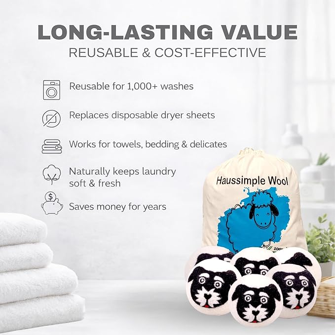 Wool Dryer Balls 6-Pack 100% Natural New Zealand Wool, Handmade in Nepal Reusable Laundry Balls, Faster Drying, Softer Clothes, Anti-Static, Dryer Sheets Alternative (Black White, Dog)