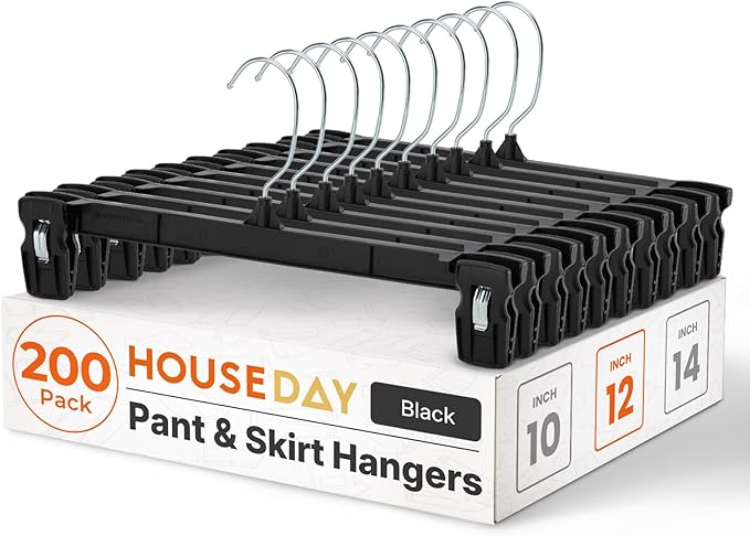 HOUSE DAY 200 Pack Pants Hangers - 12 Inch Plastic Hangers with Non Slip Clips for Skirts, Jeans, Shorts, Trousers - Space Saving Clip Hangers with 360-Degree Rotating Hook