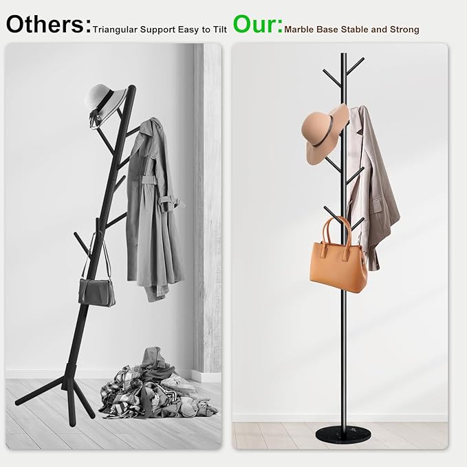 Coat Rack with Natural Marble Base, Metal Freestanding Coat Rack with 8 Hooks, Heavy Duty Coat Hanger Stand for Jacket,Coats,Hats,Scarves & Handbags for Bedroom, Hallway, Entrance,Office,Dorm (Black)