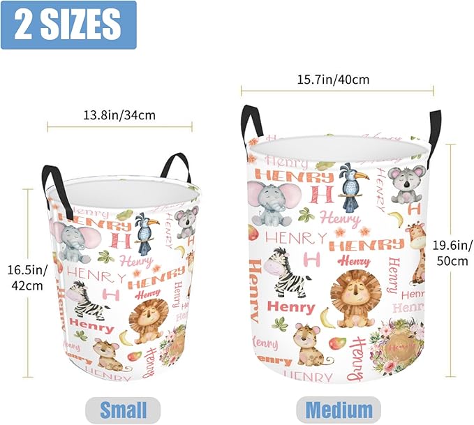 Custom Name Animals Laundry Baskets for Baby Boys Girls, Personalized Toddlers Storage Organizer for Kids Adults, Customize Hampers for Laundry Room Nursery Bathroom Bedroom Utility Room