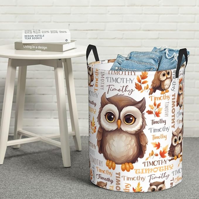 Owl Laundry Basket,Personalized Laundry Hamper for Boys Girls,Custom Laundry Basket With Name, Customized Dirty Clothes Hamper for Bathroom Bedrooms,S-16.5"X 13.8"