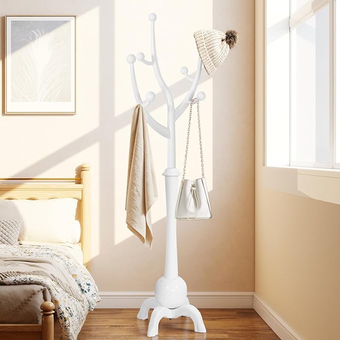 Wooden Coat Rack Freestanding with 8 Hooks, Heavy Duty Coat Hanger Stand with Stable Base, Vintage Coat Tree Standing Coat Racks for Entryway, Hallway, Bedroom (White)