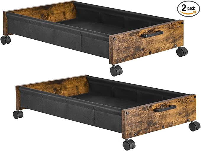 Under Bed Storage with Wheels, Wooden Under Bed Drawers On Wheels, Rolling Under Bed Shoe Storage, Space Saving, Rustic Brown,30L
