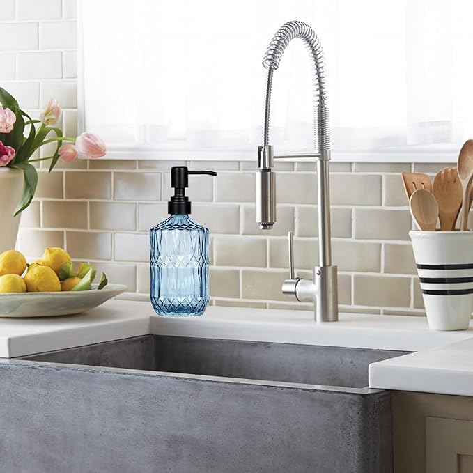 18 oz Dark Green Thick Glass Soap Dispenser with Black Rustproof Pump Refillable Bathroom, Kitchen Soap Dispenser for Hand Soap, Detergent, Lotion (Blue)