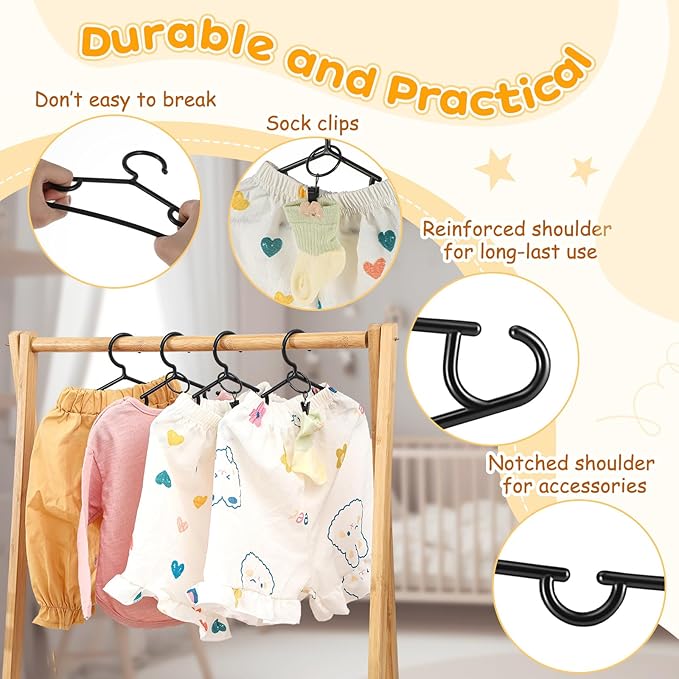 Hsei 30 Packs Nursery Baby Hangers with Ring Clips, Toddler Hangers, Kids Plastic Clothes Hanger for Infant Children Pants Closet Coat Skirts Socks (Black)
