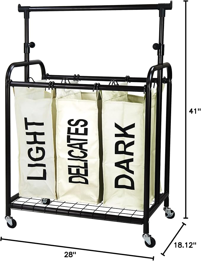 Oceanstar 3-Bag Rolling Laundry Sorter with Adjustable Hanging Bar, White