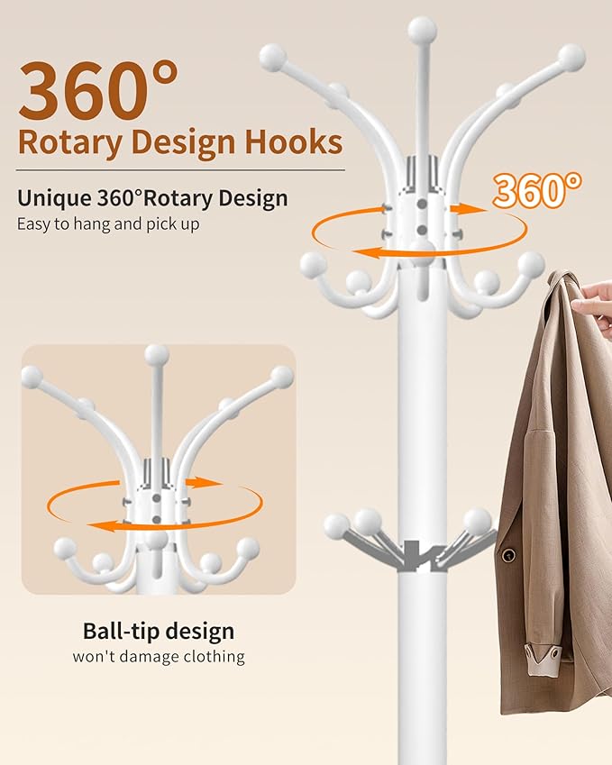 Metal Coat Rack with Natural Marble Base,360°Rotary Coat Rack Stand with 14 Hooks,Modern Freestanging Coat Racks,White Coat Jacket Hanger Clothes Tree Stand for Entryway,Corner