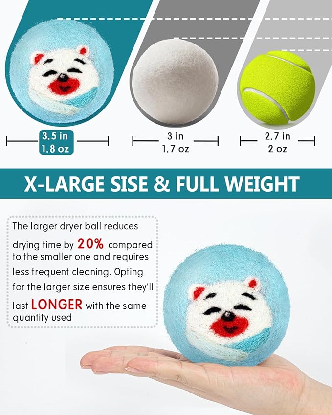Wool Dryer Balls - Dryer Balls Laundry Reusable - 6-Pack XL Poly Bear Wool Balls for Dryer - Reusable Fabric Softener Ball - Laundry Wool Dryer Balls with Felt Dryer Ball Holder Storage