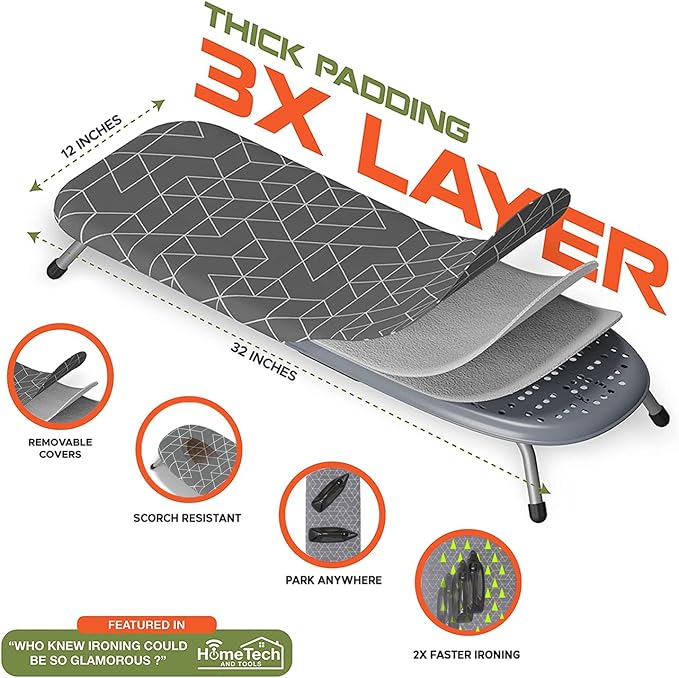 XABITAT Table Top Ironing Board with Wall Mount, D-Crease, Portable Space Saving Mini Laundry Room Iron Board, Foldable Small Ironing Board, Grey