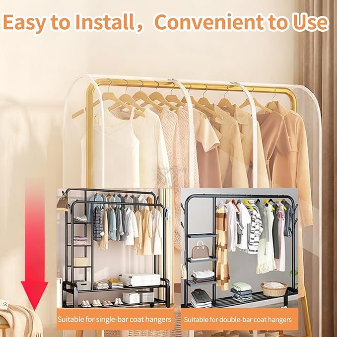 Clear Garment Rack Cover for Clothes Rack Cover with 2 Smooth Zipper Clothing Dustproof Waterproof Protector Cover (Large - 70 x 20 x 60 inch)
