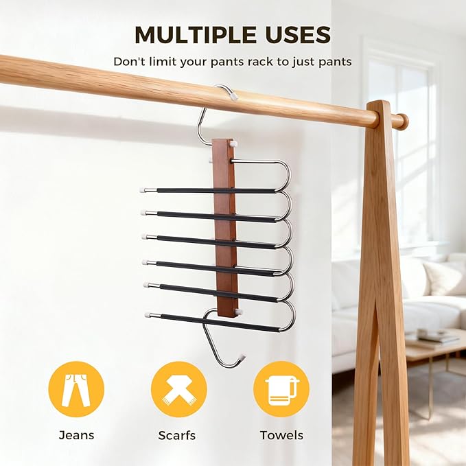 Pants Hangers Space Saving, 2 Packs Wooden Closet Organizer, Anti-Slip Design Leggings Hanger, Multi-Layer Clothing Pant Rack for Jeans, Trousers, Skirts, Scarves & Slacks