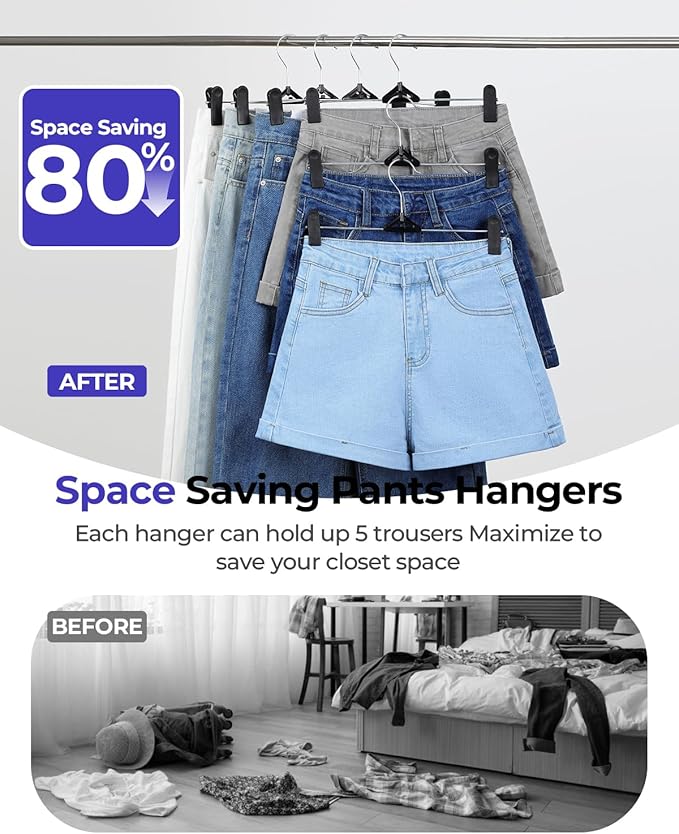NORTHERN BROTHERS Pants Skirt Hangers 50 Pack - Stackable Space Saving Jeans Shorts Hanger with Clips for Kid, Man, Women, Children, Baby