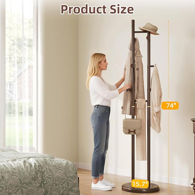 CozyDH Coat Rack Wooden Freestanding - Wood Coat Rack Freestanding Heavy Duty, Wooden Coat Stand with 6 Hooks Creative Look for Entryway, Hallway, Bedroom (Dark Walnut)