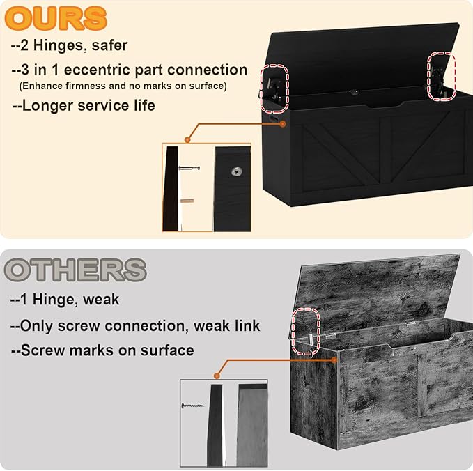 39.4" Storage Chest, Wooden Storage Bench, Large Storage Trunk with 2 Safety Hinges, Entryway Shoes Bench for Living Room, Bedroom, Black
