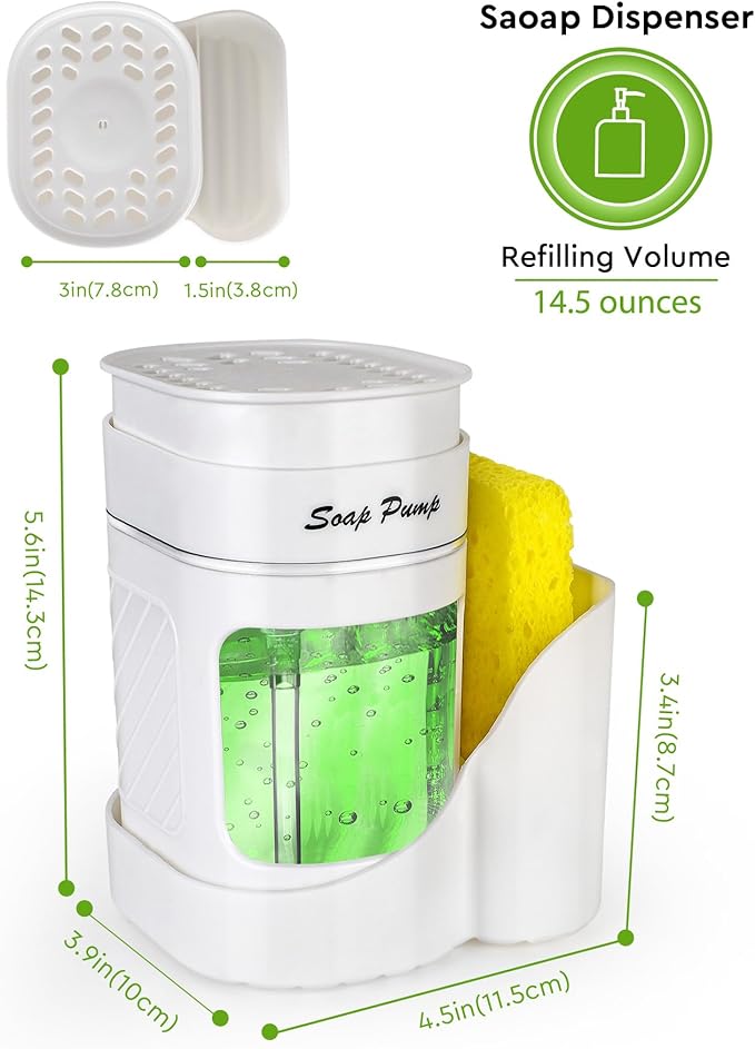 Kitchen Dish Soap Dispenser with Sponge Holder, 3-in-1 Countertop Dishwashing Soap Pump Dispenser Set for Kitchen Sink, Useful Kitchen Gadgets - White