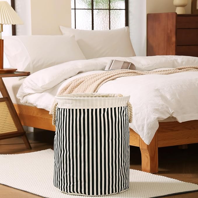 Large Storage Laundry Hamper Basket 62L with Handles for Dirty Clothes Toy Organizer Bins, Waterproof, Collapsible Laundry Hamper, Classic Stripes Pattern, Black Color, 1-Pack, Bathroom, Dorm