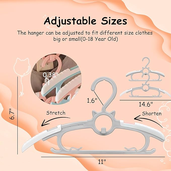 Baby Hangers for Nursery Closet, Infant Hangers Extendable and Non-Slip for Newborn Toddler Kids Clothes,11"-14.6" Adjustable Children Coat Pant Hanger for Girl and Boy Nursery Must Have (40pcs Grey)