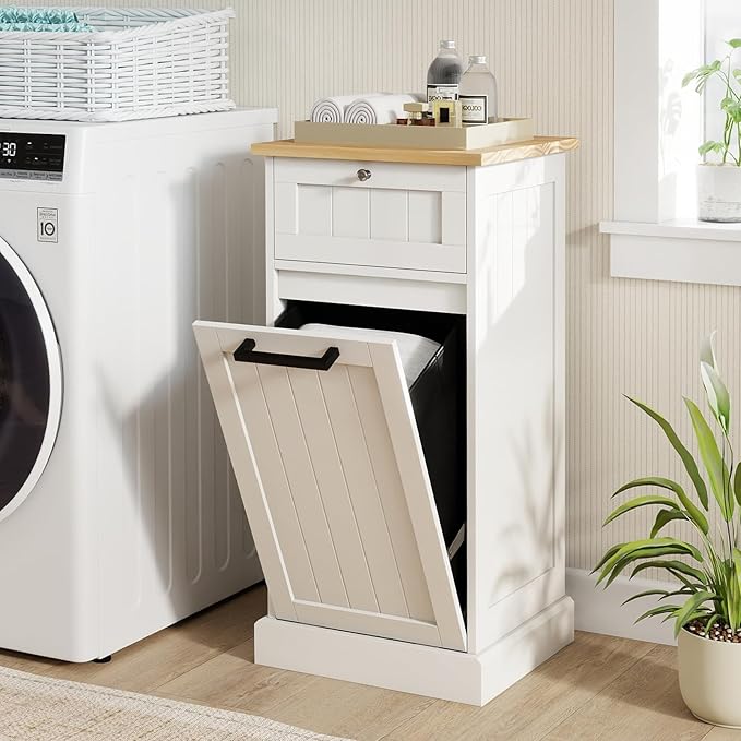 Giantex Tilt Out Laundry Hamper Cabinet, 10 Gallon Bathroom Storage Cabinet with Drawers & Removable Basket, Modern Wood Hidden Laundry Hamper for Laundry Room, Bedroom, Kitchen, Corner, White