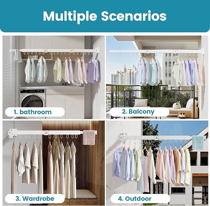 Abiglifty Clothes Drying Rack Wall Mounted, Laundry Drying Rack Collapsible, Foldable & Retractablewith 18 Hooks for Indoor/Outdoor Use inLaundry Room, Bathroom & Balcony (White)