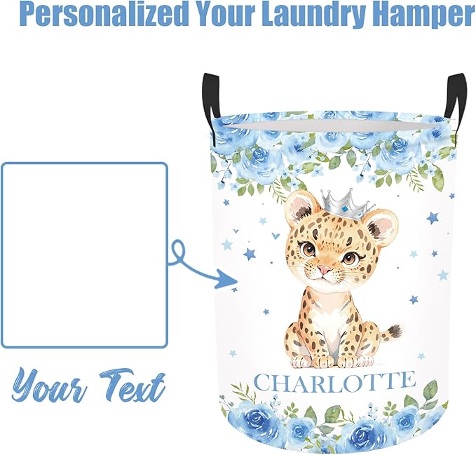 Personalized Laundry Basket for Kids Boys Girls Adults, Custom Name Lion Laundry Baskets for Nursery, Customize Blue Laundry Hamper, Personalized Gift with Baby Name 2 Sizes