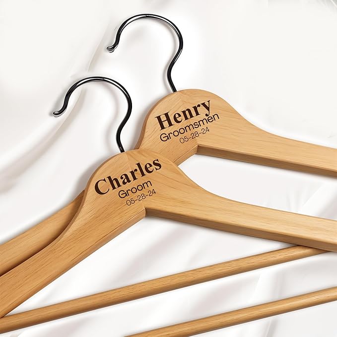 Personalized Bride & Groom Hangers with Custom Name & Date - Engraved Wooden Bridal Party Hangers