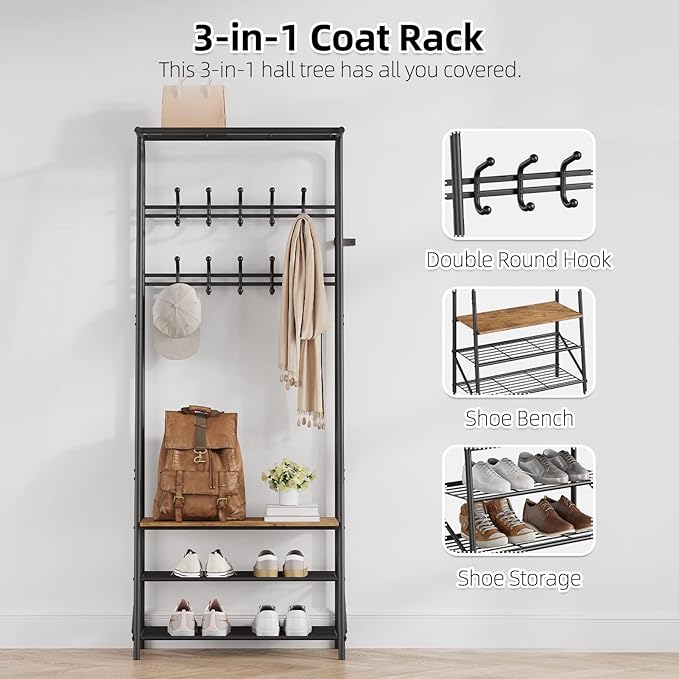 GAOMON Coat Rack, Hall Tree with Shoe Bench for Entryway, Shoe Rack Organizer with 10 Coat Hooks, 3-in-1 Hall Tree Entryway Bench, Wooden Furniture with Metal Frame