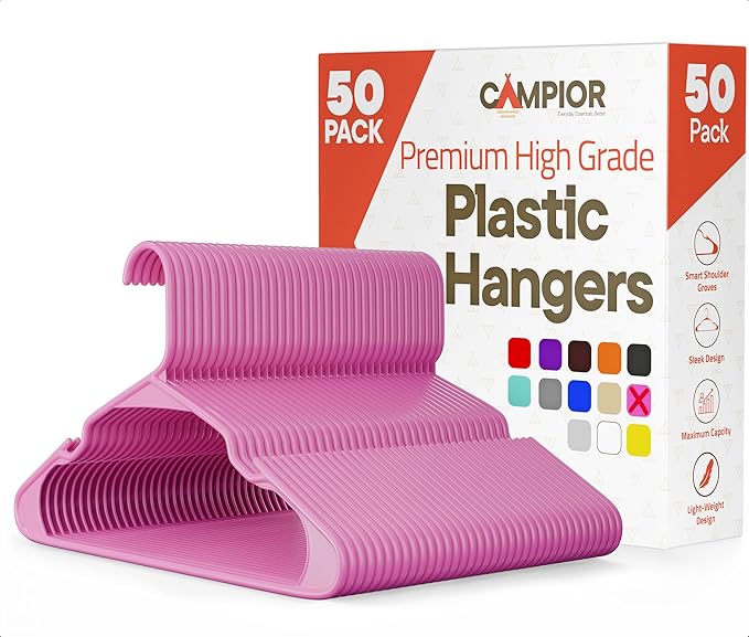 Pink Plastic Hangers 50 Pack– Heavy-Duty Plastic Hangers Slim and Space-Saving, Durable and Lightweight PP with Non-Slip Shoulder Notches for Slip Dresses, Suits, Jackets & Camisoles