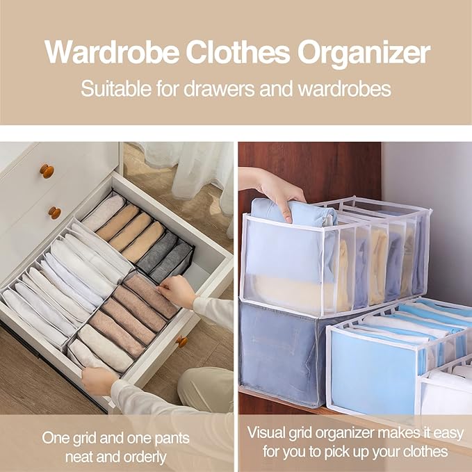 Wardrobe Clothes Organizer 7 Grids Portable Closet Organizer Mesh Separation Storage Box Foldable Closet Drawer Organizer for Underwear Socks Scarves Leggings (Grey, 4 Leggings Grid)