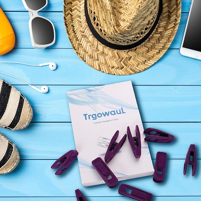 Trgowaul Purple Velvet Hangers Clips, Pants Hangers Velvet Clips, Strong Finger Clips Perfect for Thin Velvet Hangers (20 Pcs, Purple)