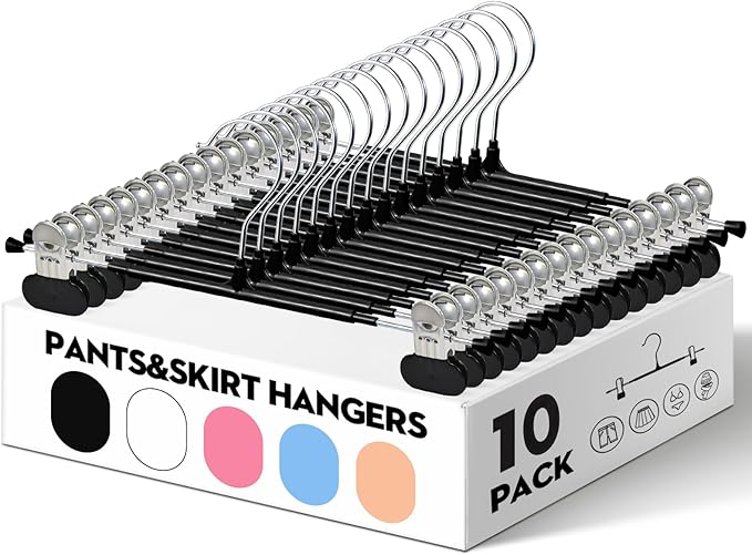 HUADYMEET 10 Pack 14Inch Pants Hangers with Wide Clips,Metal Trouser Hanger for Jeans.Space Saving Skirt Hangers Heavy Duty Non-Slip Adjustable Clothes Shorts Hanger for Women,Men,Black