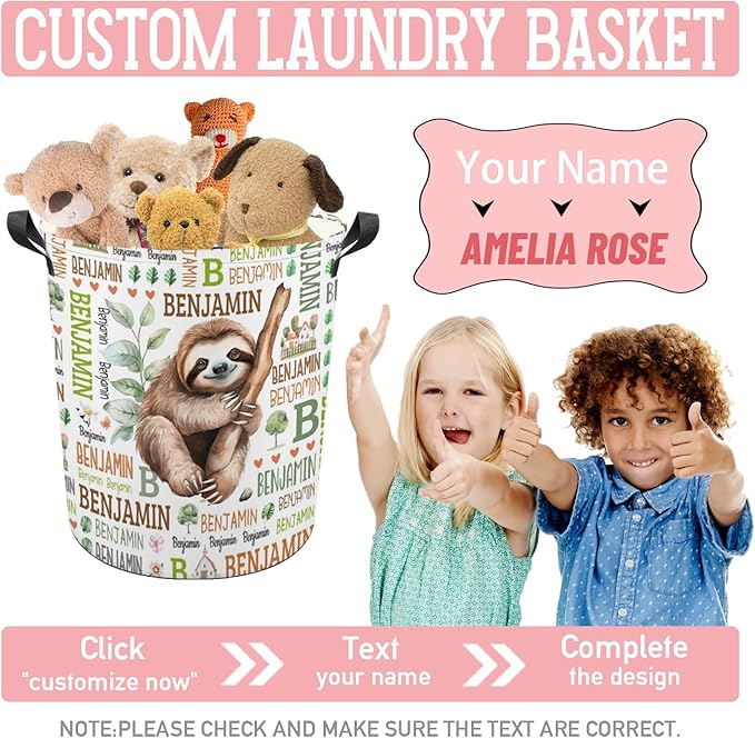 Sloth Laundry Basket,Custom Laundry Hamper with Name,Personalized Sloth Gifts for Boys Girls,Customize Collapsible Laundry Basket for Bedroom Bathroom,S-16.5"x 13.8"