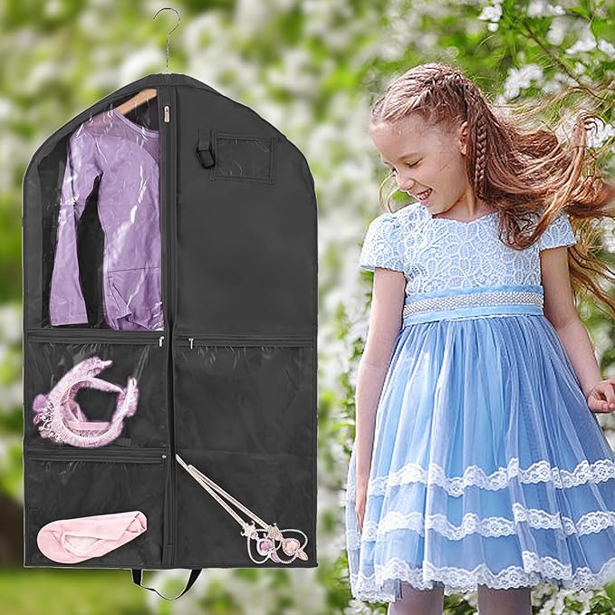 1 Pack Garment Bag for Travel Storage,Dance Costumes Competition Bag,Girls Dress Recital Dance Bag Kids Garment Bags for Hanging Clothes,Clear Cheer Uniform Garment Bag.Black
