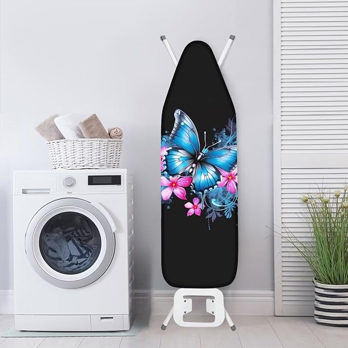 Blue Floral Butterfly Ironing Board Cover Scorch Resistant, Extra Thick Covers with Elastic Edge, Cord Lock, Hook and Loop Fasteners, Iron Board Cover for Standard Boards