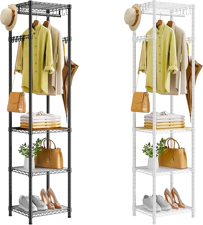 R1 Black & R1 White Coat Rack Freestanding, Hall Tree with 4 Storage Shelves and 16 Hooks, Coat Rack Stand with Shelves, Small Clothes Rack Organizer for Entryway, Hallway, Bedroom, Office